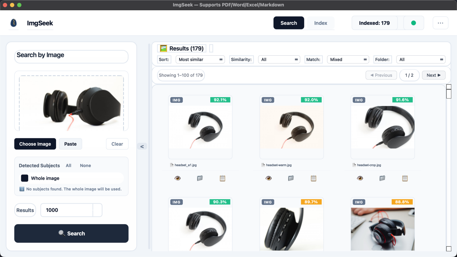 ImgSeek search screen. The query, a side view of black over-ear headphones, is on the left; no subject was detected, so the whole image is used. The top results are front three-quarter shots of the same headphones: headset_a1.jpg at 92.1%, a warm colour-edited copy at 92.0% and a cropped copy at 91.6%. The second row shows more headphone photos, including a close-up and another pair on a desk.